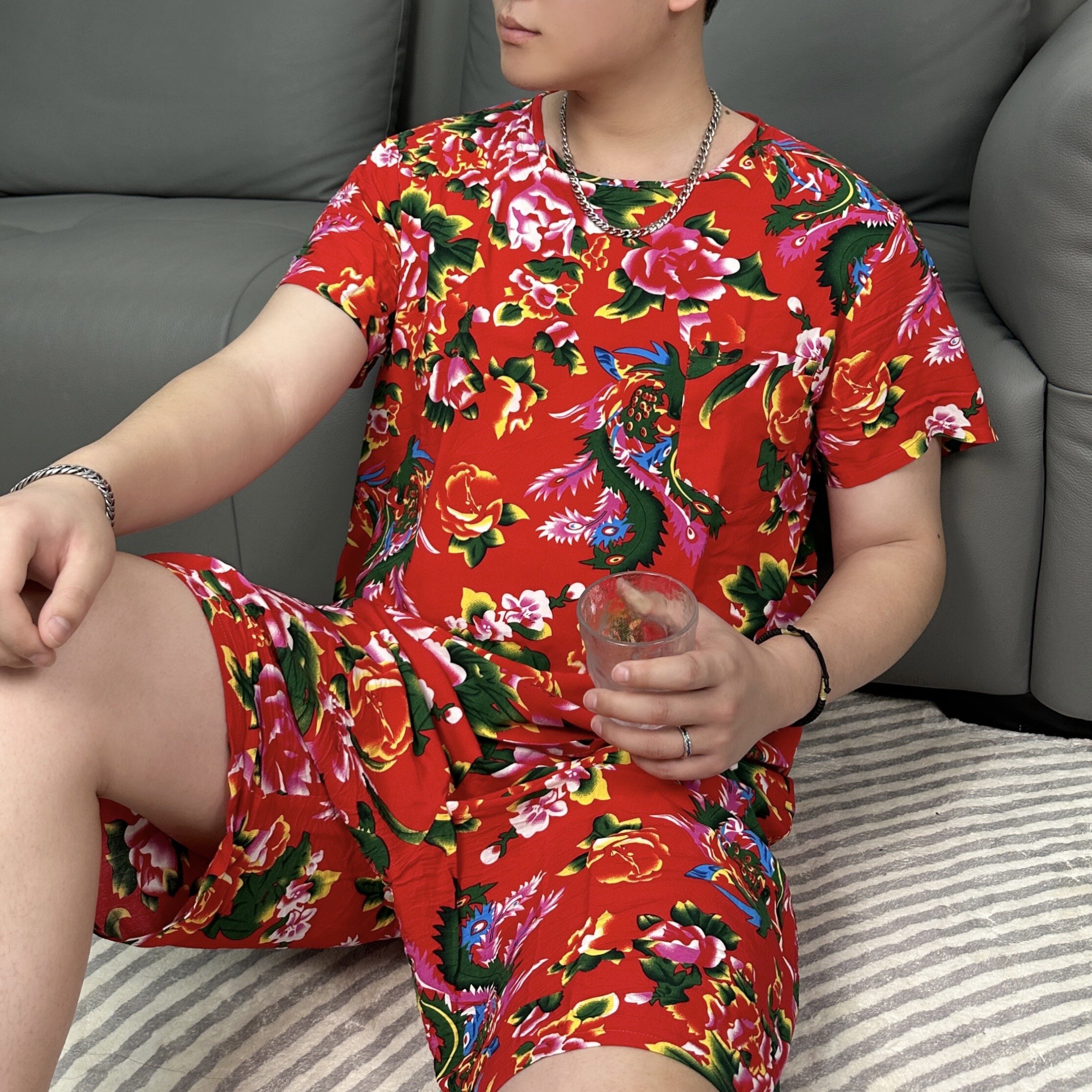 夏大码男士东北大花套装棉绸短袖