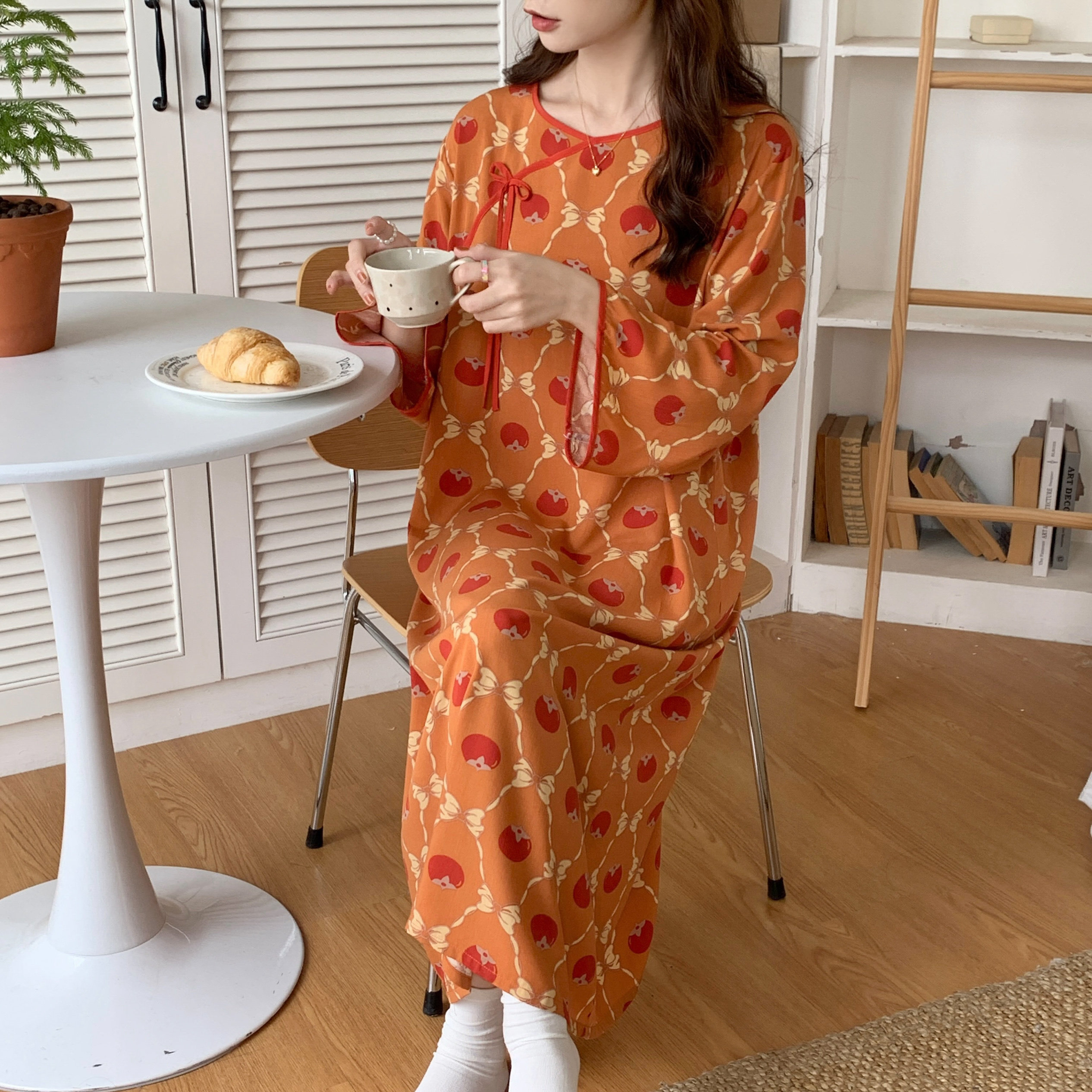 睡裙女春秋季女棉绸长袖新中式睡衣夏天女士棉绸国风家居服连衣裙