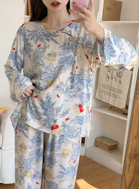 特价睡衣女春秋季棉绸长袖家居服国风款可外穿月子服棉绸套装