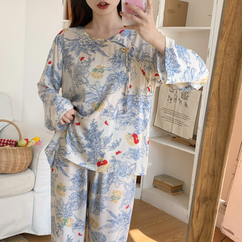 特价睡衣女春秋季棉绸长袖家居服国风款可外穿月子服棉绸套装