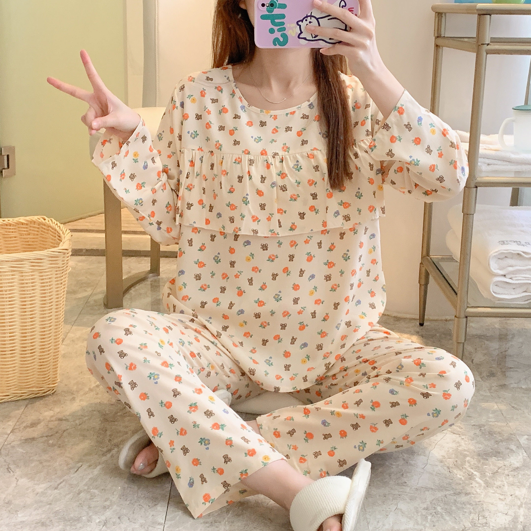 特价棉绸长袖长裤套装春夏季睡衣女空调服薄款防凸点家居服