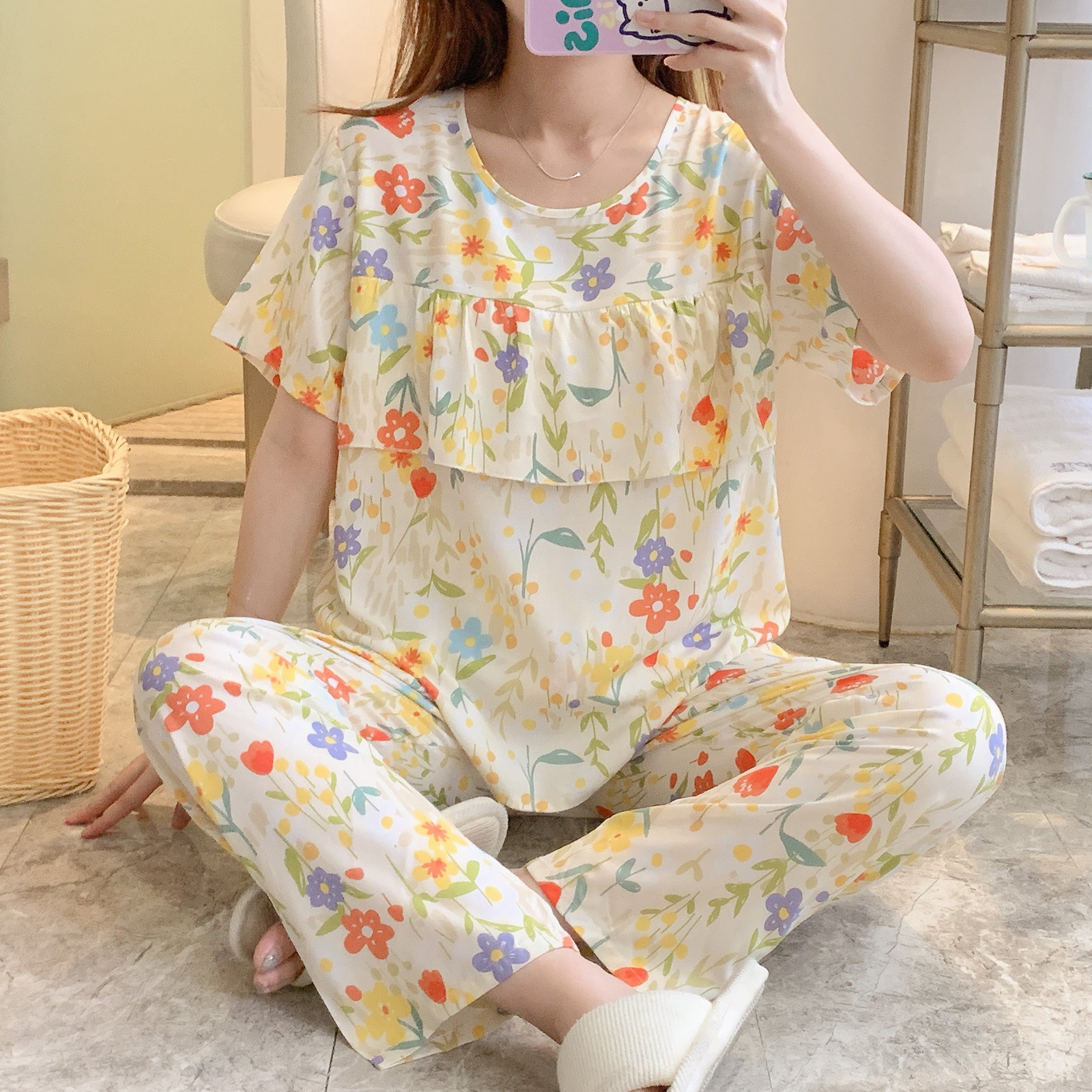 特价防凸点棉绸睡衣女夏季超薄款短袖长裤套装大码家居服