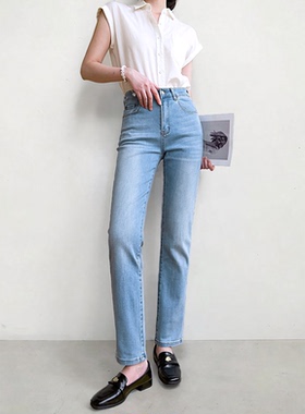 夏薄款法棍裤弹力加长浅蓝色长裤高腰烟管直筒高个子牛仔裤袁泉裤