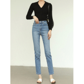 九分裤 窄款 法式 直筒裤 高腰春夏秋 高个子加长版 烟管裤 天蓝色牛仔裤