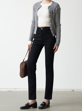 不掉色-黑色加绒高个子加长版高腰烟管小直筒裤-冬显瘦牛仔裤加厚