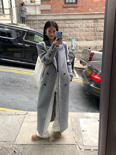 韩版到脚踝170高个子灰色正肩毛呢外套女秋冬长款高级感呢子大衣