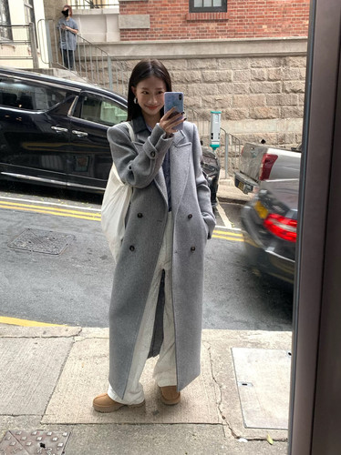 韩版到脚踝170高个子灰色正肩毛呢外套女秋冬长款高级感呢子大衣
