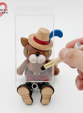 森活木趣木质手机支架木雕长靴猫动物卡通支架治愈系桌面节日摆件