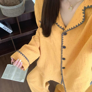 韩系ins风云朵棉春季睡衣女长袖波点女生翻领薄款家居服套装秋冬