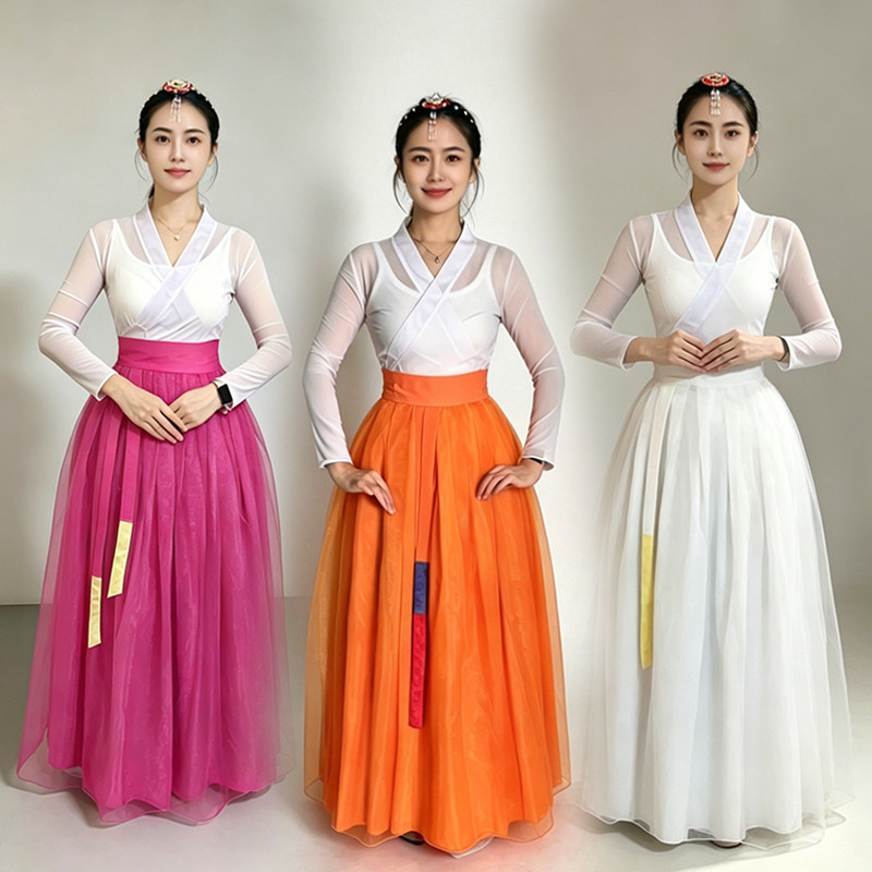 朝鲜族女映山红舞蹈练功裙两层裙