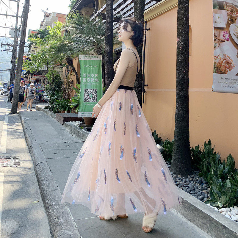 春秋网纱半身裙2024新款高腰a字刺绣纱裙中长款百褶显瘦过膝长裙