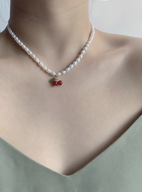 MoreSuitable淡水珍珠项链法式樱桃复古温柔锁骨链高品质粉嫩颈链
