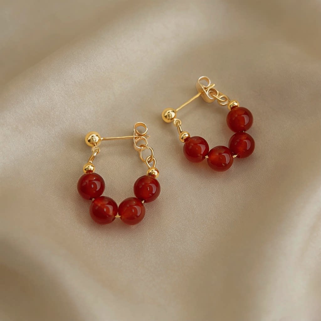 MoreSuitable天然石红玛瑙新中式文艺复古国潮气质耳饰圆珠耳环女