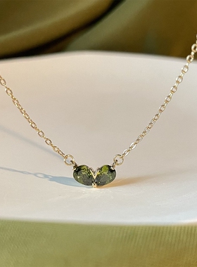 MoreSuitable轻奢质感绿芽心形锆石吊坠项链女小众法式复古锁骨链