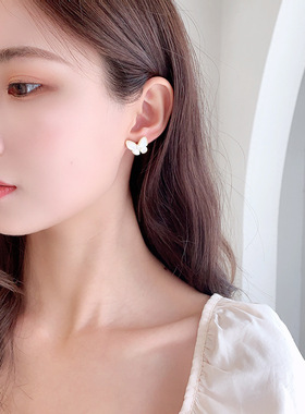 MoreSuitable白贝母蝴蝶耳环韩国气质网红女神范s925银针蝴蝶耳钉