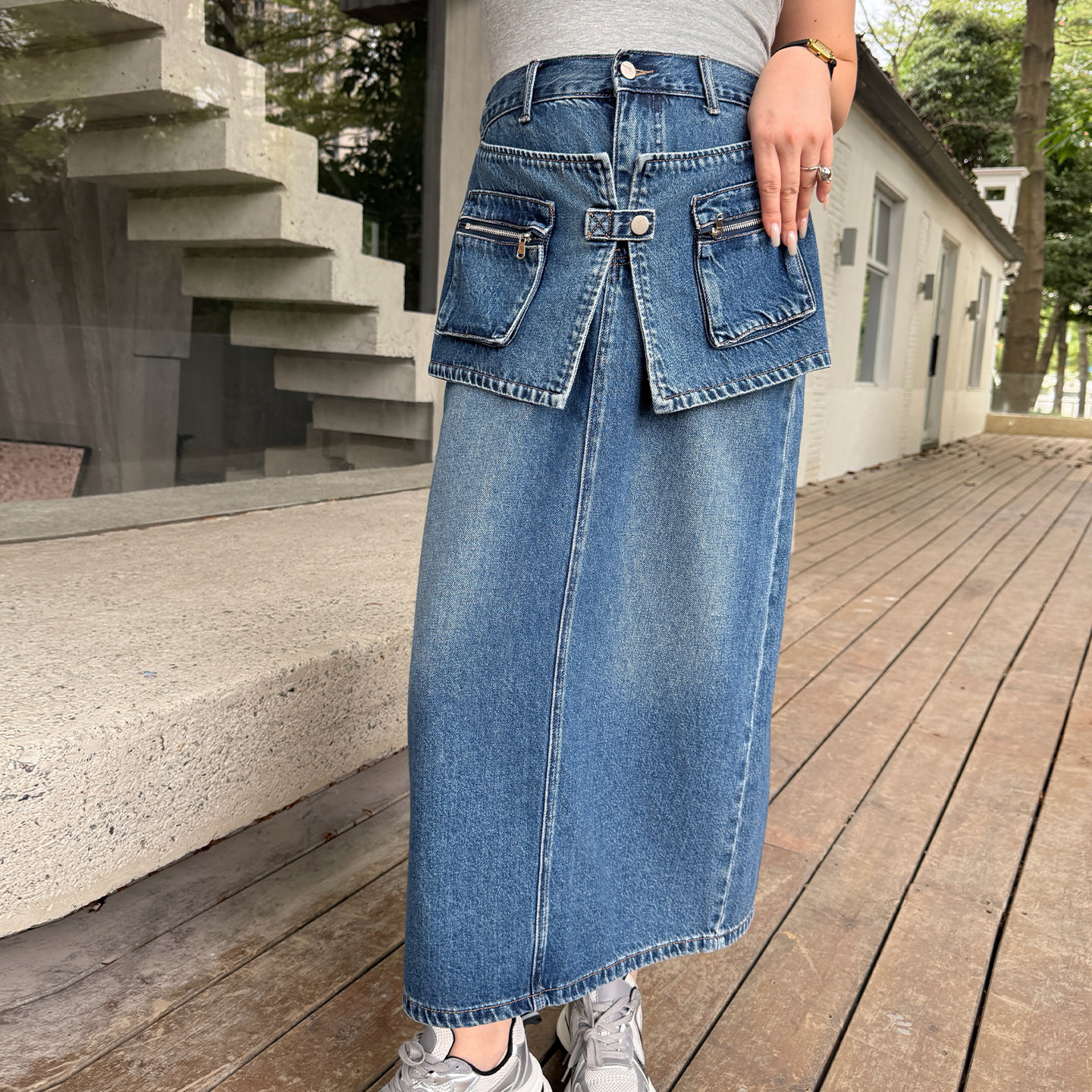 特大码女装个性款牛仔中长裙200斤夏季胖mm高腰显瘦百搭半身裙蓝
