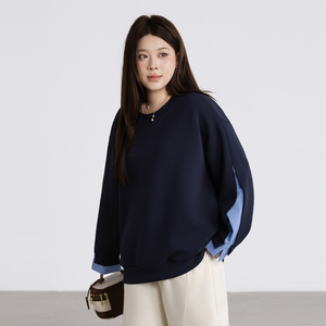 大码女装拼接空气层卫衣2026春季新款胖mm宽松显瘦休闲圆领上衣