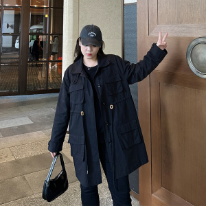 大码定制水洗棉工装外套秋冬女装新款200斤胖妹妹mm宽松中长款酷
