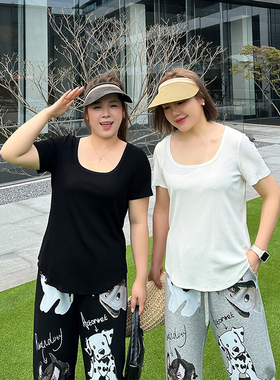 大码女装百搭u领正肩T恤遮肉200斤胖妹妹mm宽松显瘦短袖简约上衣