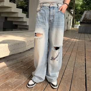 200斤胖mm橡筋腰阔腿裤 大码 潮酷 新款 2026夏季 女装 破洞做旧牛仔裤