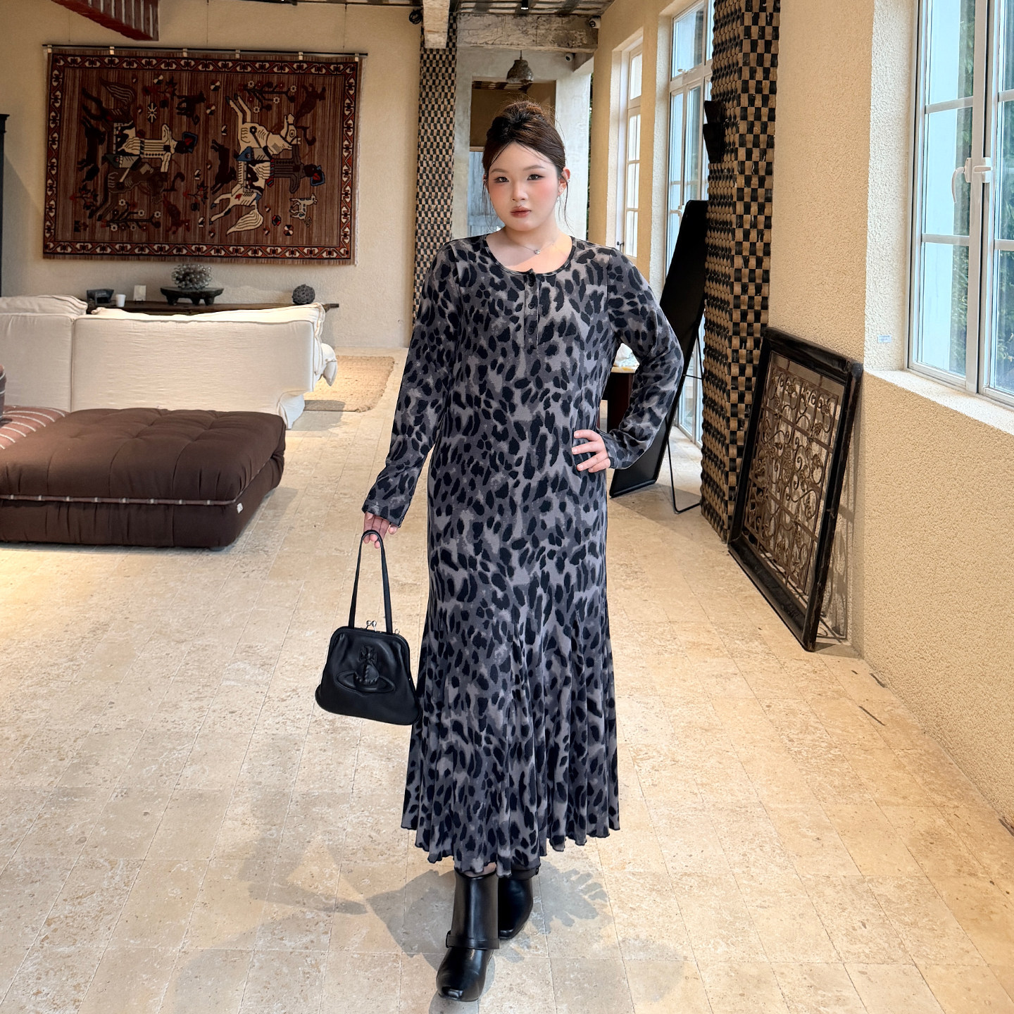 大码女装中长款豹纹鱼尾裙百搭