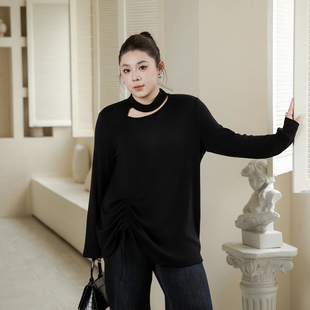 胖mm宽松显瘦百搭坑条上衣 女2025秋冬新款 设计感抽绳大码 针织衫