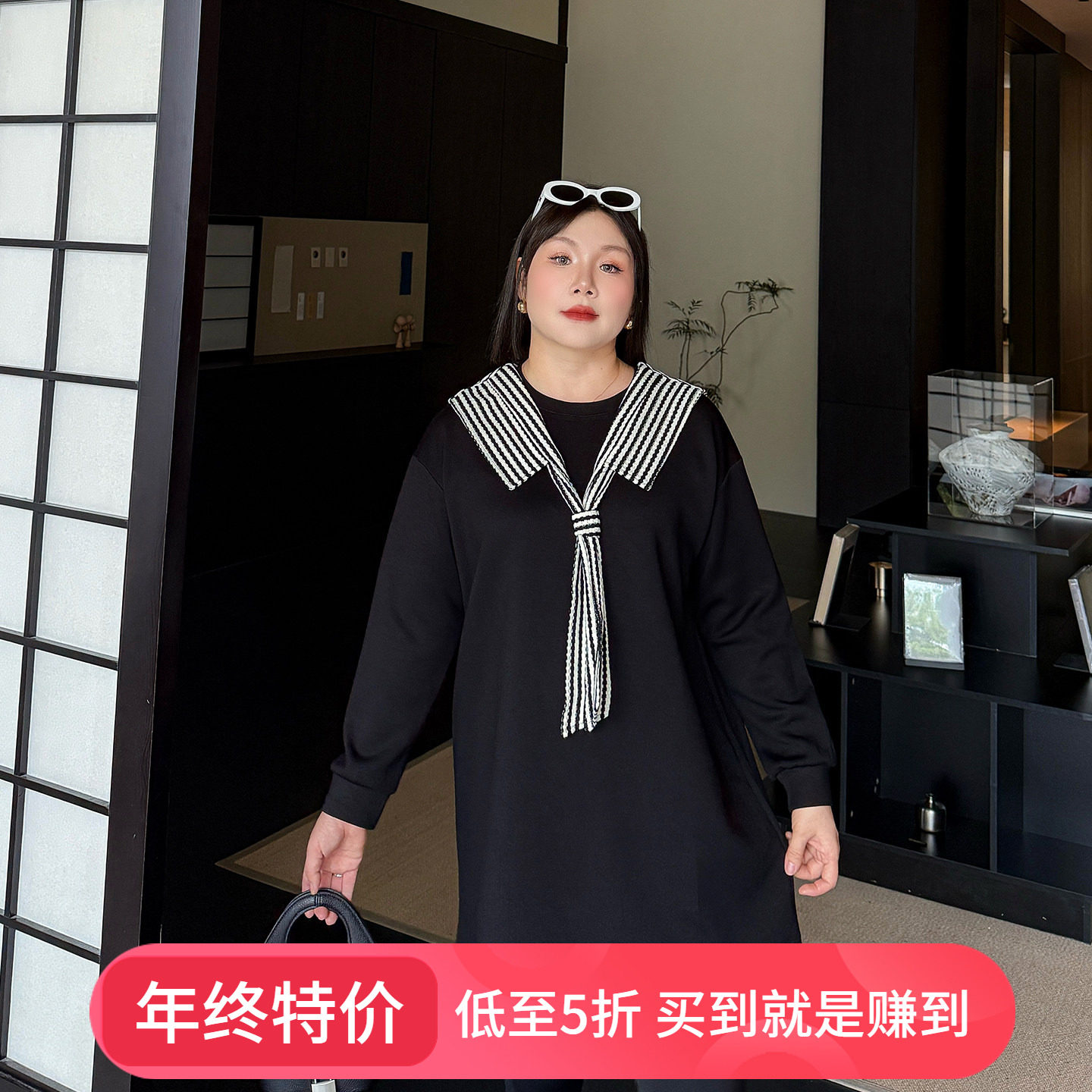 心存真大码女装2025年秋季新款胖妹妹mm宽松显瘦条纹海军领卫衣,女装/女士精品,大码内搭,淘宝优惠券,粉丝福利购,淘宝优惠卷