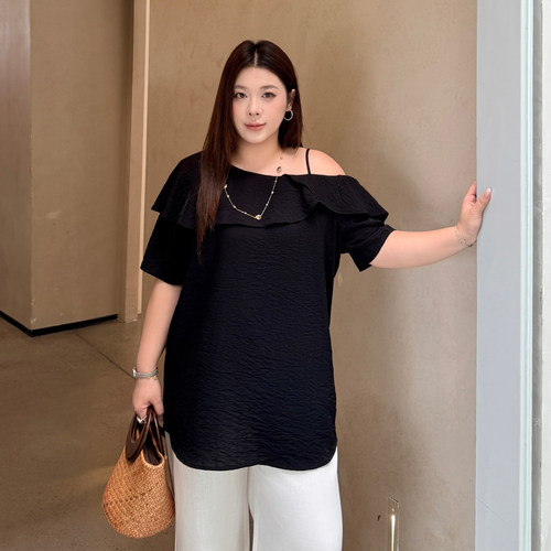 大码女装荷叶单肩上衣百搭显瘦