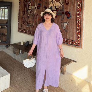 大码女装V领微皱开叉连衣裙加肥加大夏季200斤胖mm宽松遮肚长裙