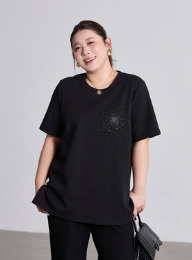 正肩显瘦烟花烫钻t恤女空气棉质2026年新款大码胖mm宽松短袖上衣