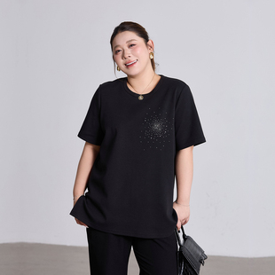 上衣 胖mm宽松短袖 正肩显瘦烟花烫钻t恤女空气棉质2026年新款 大码