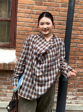 大码女装秋装格子荡领衬衫