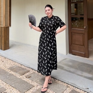 大码女装国风复古碎花改良旗袍裙夏新款胖mm显瘦遮肚新中式连衣裙