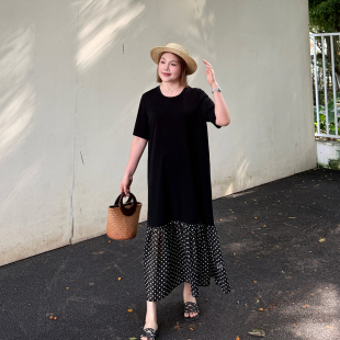 心存真大码 空气棉拼接波点长裙2026夏胖mm宽松显瘦遮肚连衣裙 女装
