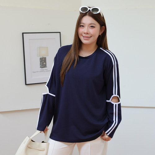 大码女装二杠镂空T恤宽松显瘦