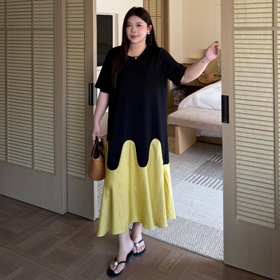 大码女装拼明黄裙连衣裙百搭显瘦