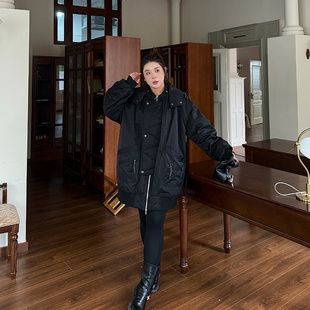 风加厚棉衣200斤胖mm宽松中长款 工装 保暖棉服外套 女装 心存真大码