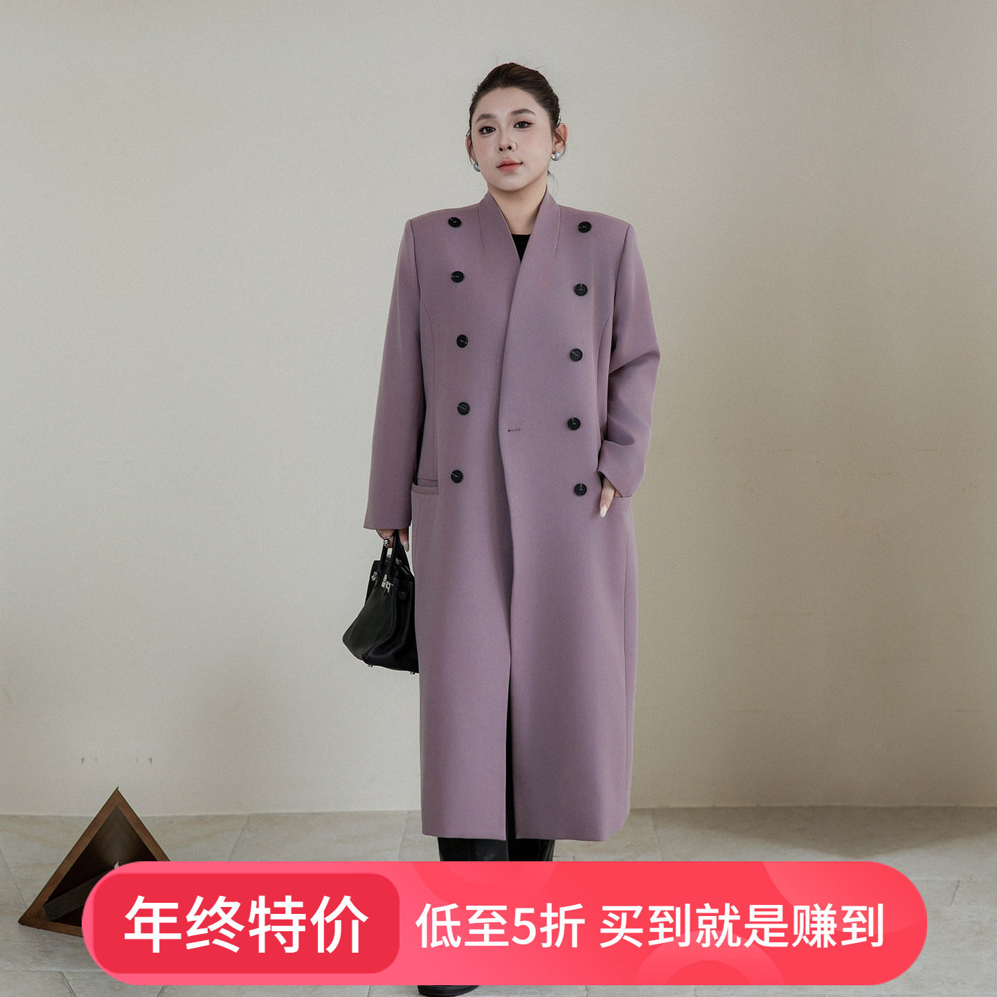 高级感酒瓶领排扣大码风衣女2025冬季新款胖mm宽松长款过膝外套,女装/女士精品,常规大码外套,淘宝优惠券,粉丝福利购,淘宝优惠卷