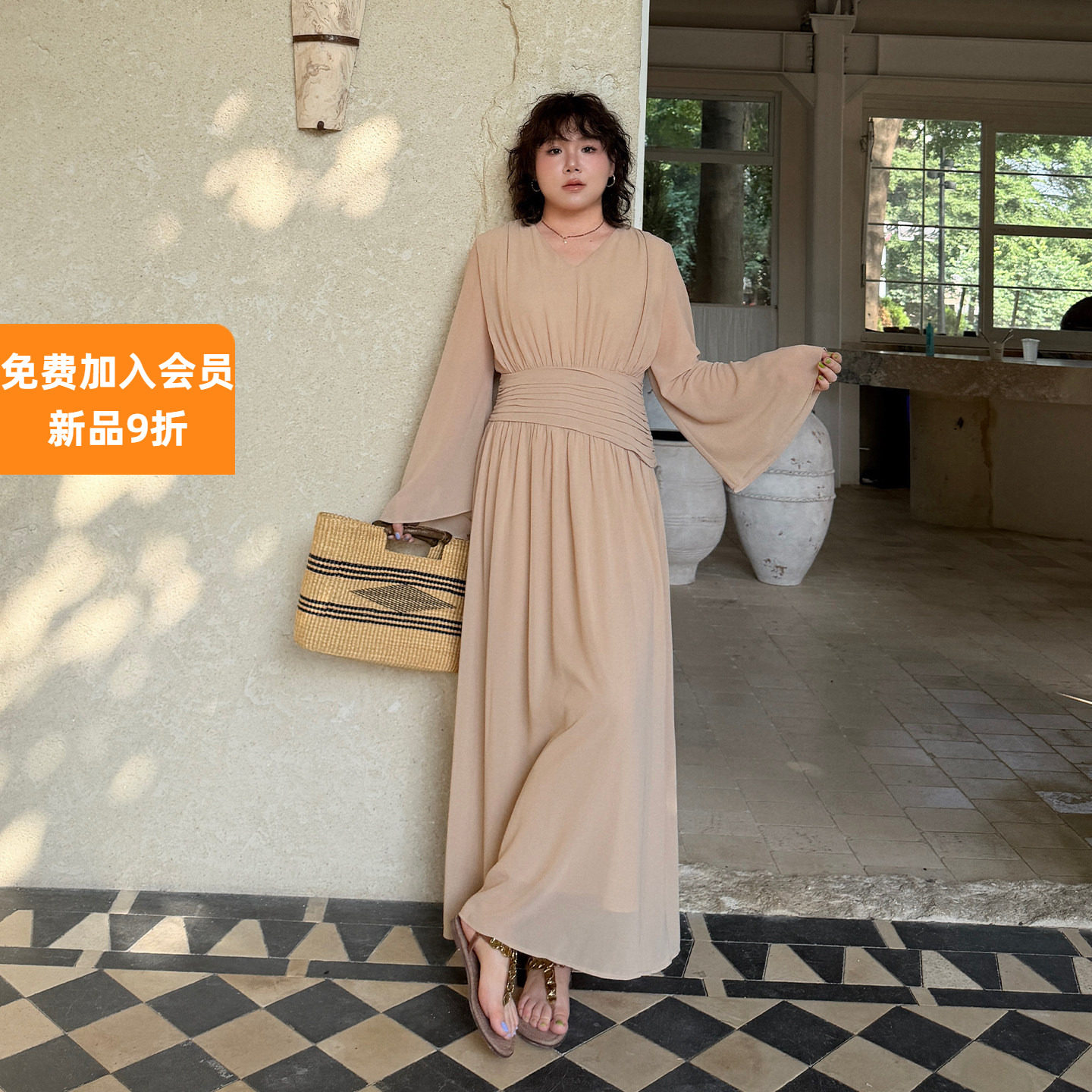 大码女装长款收腰喇叭袖雪纺裙