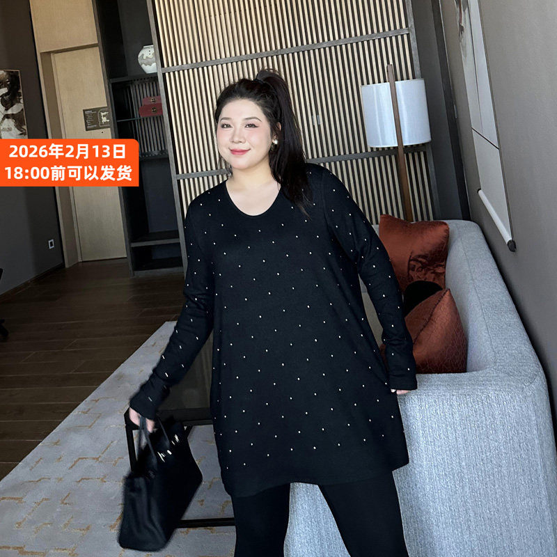 水滴钻大码百搭打底衫女2025年秋冬200斤胖mm宽松中长款长袖T恤