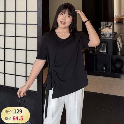 大码女装绑带黑T恤宽松显瘦