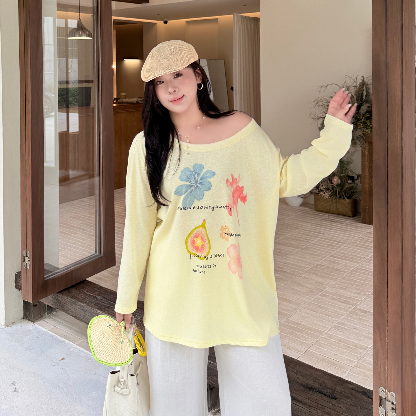 时髦印花凉感单肩T恤女2026夏季罩衫200斤胖mm宽松雪花棉长袖上衣