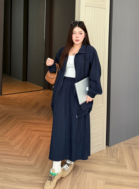 心存真大码女装初秋套装2025新款200斤胖mm宽松开衫半身裙两件套