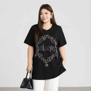 200斤胖mm宽松显瘦洋气减龄短袖 棉质烫钻T恤2026新款 上衣 女装 大码