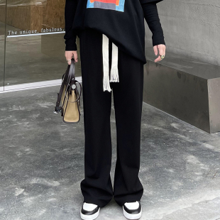 松紧宽松春秋200斤胖mm高腰显瘦垂感拖地加长裤 女装 阔腿裤 特大码