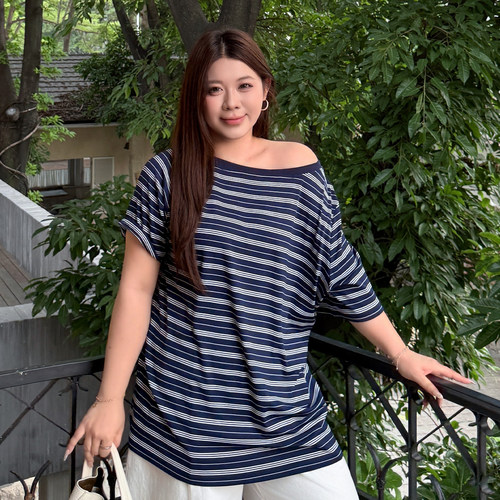 大码女装单肩条纹t恤宽松百搭