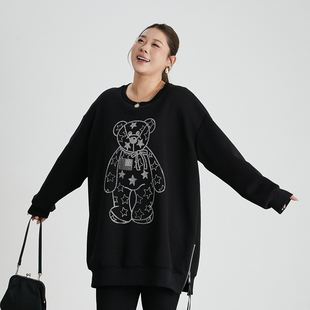 心存真大码女装定制小熊亮钻卫衣胖mm个性高级感休闲中长款上衣