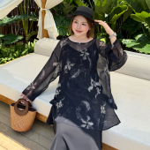 罩衫 心存真大码 胖mm宽松空调上衣长袖 复古雪纺t恤2025夏新款 女装