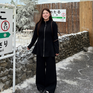 微喇叭裤 大码 收腰半高领A字休闲外套 2025秋冬胖mm套装 两件套 女装