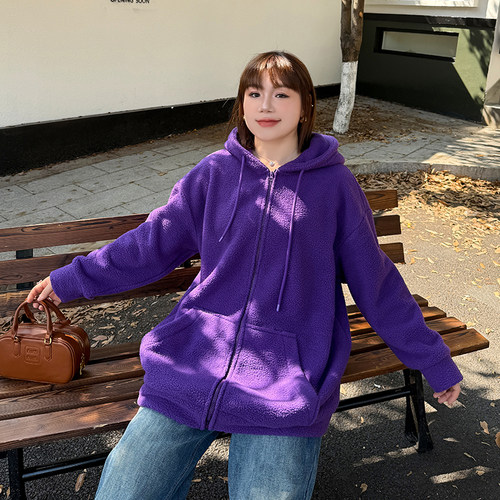 大码女装羊羔绒卫衣外套宽松显瘦